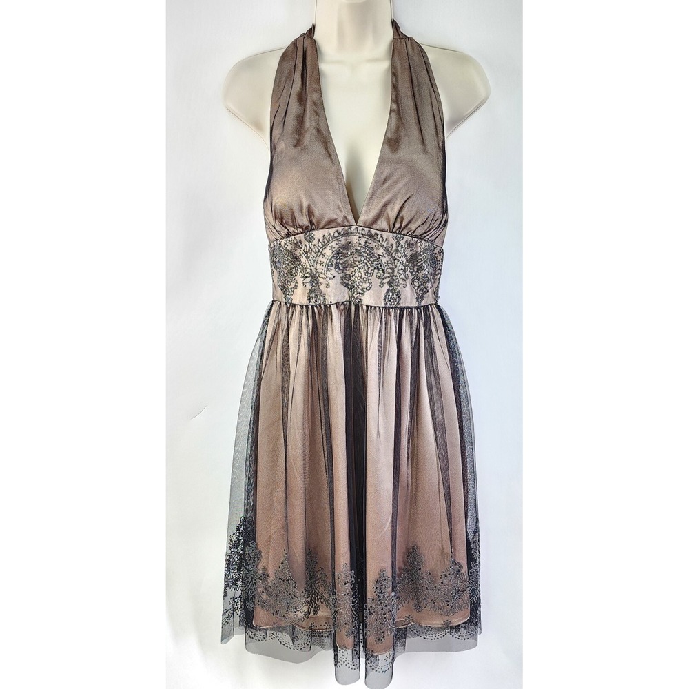 Adrianna Papell Halter Dress Womens 8P Black Beaded Tulle Over Champagne Satin